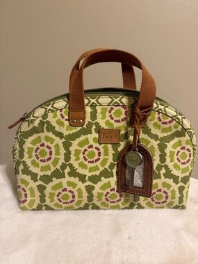 Fossil Green & Fuchsia Floral Canvas Cosmetic Case with Tan Handles
